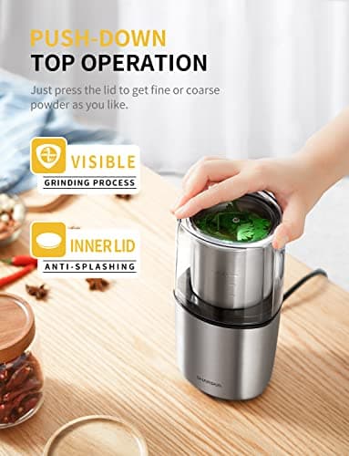 SHARDOR Coffee Grinder Electric Herb/Wet Grinder for Spices and Seeds with 2 Removable Stainless Steel Bowls, Silver 5