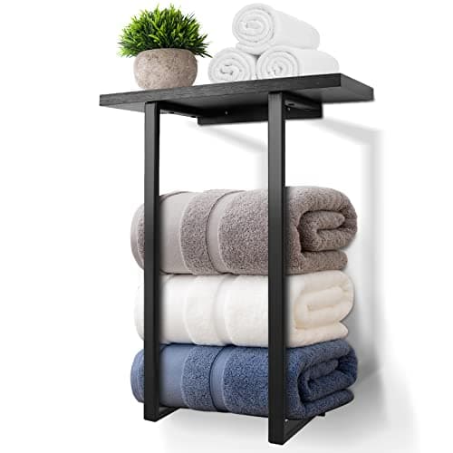 Towel Racks for Bathroom Wall Mounted, Metal Towel Holders with Black Wooden Shelf, Rolled Bath Towel and Hand Towels Holder Storage and Organization for Bathroom, Rv, Camper
