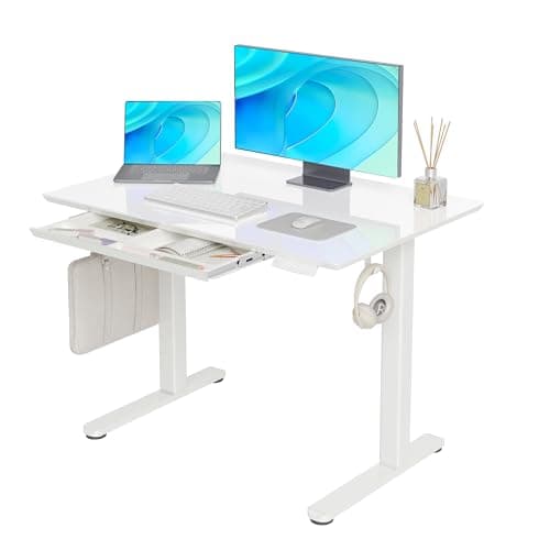 Claiks Glass Standing Desk with Drawers, 40×24 Inch Adjustable Stand Up Desk Quick Install Home Office Computer Desk, White