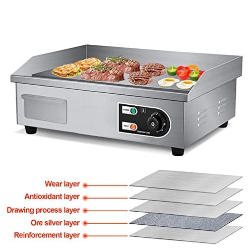 PROMOTOR 22" Electric Countertop Flat Top Griddle 1600W 110V Non-Stick Commercial Restaurant Teppanyaki Grill Stainless Steel Adjustable Temperature Control 50~300℃ 5