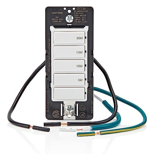 Leviton Countdown Timer Switch for bathroom fan and household lights, 5-10-15-30 min, No Neutral Required, Single Pole, 15A, 1/2 HP/9.8A Fan/Motor, DT130-1LW, White 10