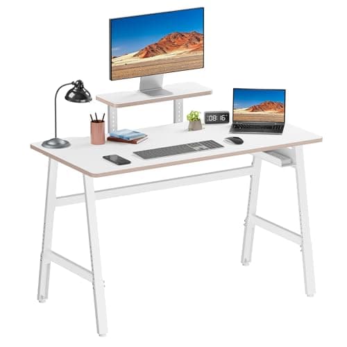 UPGRAVITY Height Adjustable Computer Desk - 47" Gaming Desk, Small Home Office Desk with Monitor Stand, Modern Simple Table Study Writing Work, Living Room Home Bedroom PC Table, Metal Frame, White 9