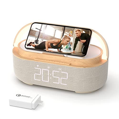 COLSUR Bluetooth Speaker Alarm Clock with Wireless Charger, FM Radio, Adjustable LED Night Light, 6 in 1 Bedroom Portable Speaker 2500mAh, Phone Stand for Bedside, Home, Office, Gift (Wood)