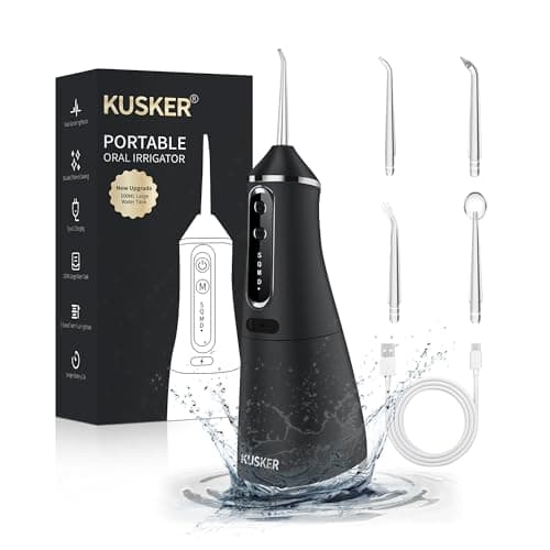 Water Dental Flosser Cordless, KUSKER 500ML Portable Oral Irrigator for Teeth, 5 Modes and 4 Jet Tips, IPX7 Waterproof, Rechargeable for 30-Days Use, Home, Travel, Braces(Black)