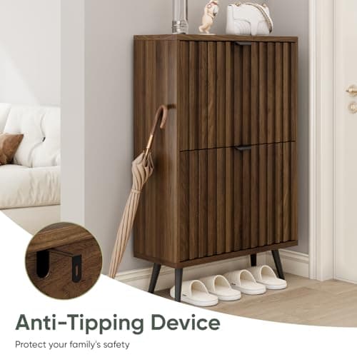 Smuxee Shoe Cabinet with 2 Flip Drawers, 23.6" Walnut Hidden Shoe Storage Cabinet with Fluted Design, Freestanding Shoe Organizer Cabinet for Entryway, Hallway, Closet, Living Room 6