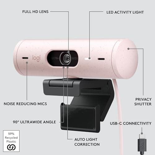 Logitech Brio 500 Full HD 1080p Webcam with Auto Light Correction, Dual Noise Reduction Mics, Privacy Cover, Works with Teams, Meet, Zoom - Rose 8