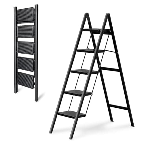 OOSOFITT 5-Step Folding Ladder, Heavy Duty Ladders for Home & Kitchen, Folding Ladder Easy to Store, Tall Ladder for Adults, Anti-Slip & Space-Saving Step Ladder, 330 Lbs Capacity