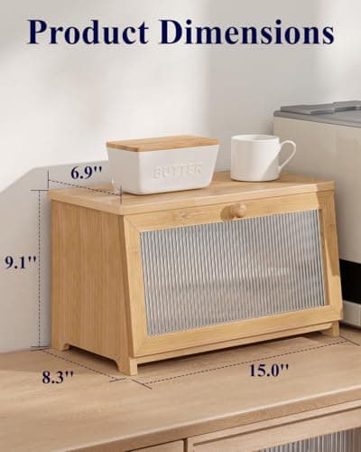 Kitsure Bread Box - Wooden Bread Box for Kitchen Countertop, Large Capacity Kitchen Countertop Organizer, Stylish Bread Storage with Window, Multi-functional Container, Bamboo, 15.0"x8.3"x9.1" (1T) 2