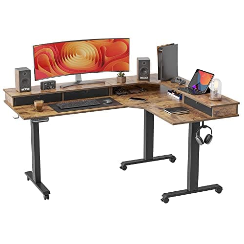 FEZIBO L Shaped Standing Desk with Drawers, Exclusive Upgraded 3 Motors Support 330LBS, Electric Height Adjustable L Standing Desk with Large Monitor Stand, Rustic Brown