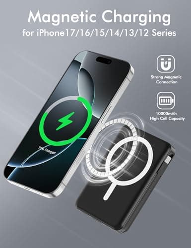 podoru for Magsafe Battery Pack, 10000mAh Magnetic Power Bank Built-in Double USB C Cables 22.5W PD Fast Charging LED Display Wireless Portable Charger for iPhone 17/16/15/14/13/12 Series-Black 5