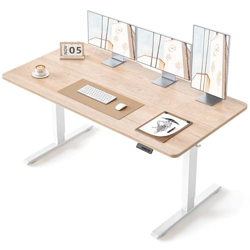 BANTI 63 × 28 Inches Standing Desk, Ergonomic, Electric Height Adjustable, Sit and Stand Up, Computer Desk with a Deeper Desktop, White Frame/Maple Top