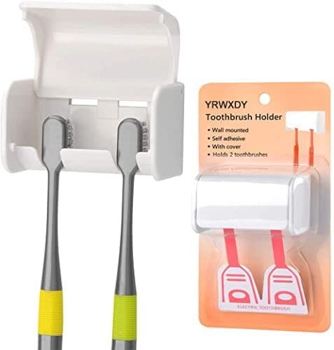 Toothbrush Holder Wall Mounted with Cover, Self Adhesive Toothbrushes Holder Perfect for Dorm Bathrooms and Shower, Holds 2 Toothbrushes