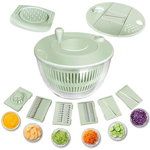 Airpro Salad Spinner Large, Vegetables Fruits Wash Bowl,Lettuce Spinner Pasta and Fries Dryer with 5 Blades,Egg Yolk Strainer Slicer Shredder for Kitchen Colander, 5.3 Qt, Green White 7
