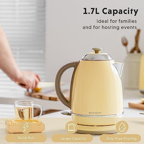 BUYDEEM K640 Stainless Steel Electric Tea Kettle with Auto Shut-Off and Boil Dry Protection, 1.7 Liter Cordless Hot Water Boiler with Swivel Base, 1440W, Mellow Yellow 5