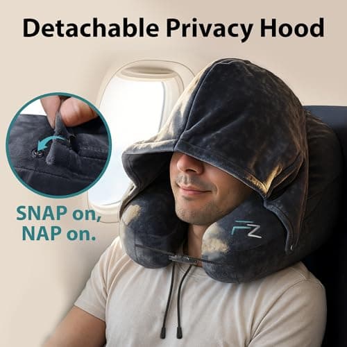 FLOWZOOM Air Inflatable Neck Pillow for Traveling on Plane - H-Shape Hooded Airplane Pillow with 5 Snooze Modes, Fast Inflation, Pressure Control, Cozy Clip-On Hood & Plushy Cover - Size L, Jet Black 5