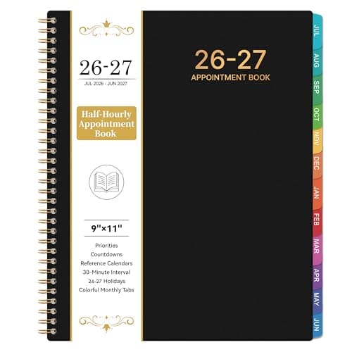 Appointment Book 2026-2027 - Planner 2026-2027, 9" x 11", July 2026 - June 2027, Daily Hourly Planner with 30-Minute Interval, Weekly & Monthly, Colorful Monthly Tabs, Inner Pocket - Black