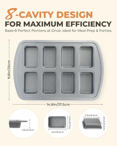Bake Choice Mini Loaf Pan, 8-Cavity Non-Stick Carbon Steel Baking Pans Set for Banana Bread, Cornbread, Cheesecake, Muffins, Pound Cake, Small Meatloaf, Bread Pan 5