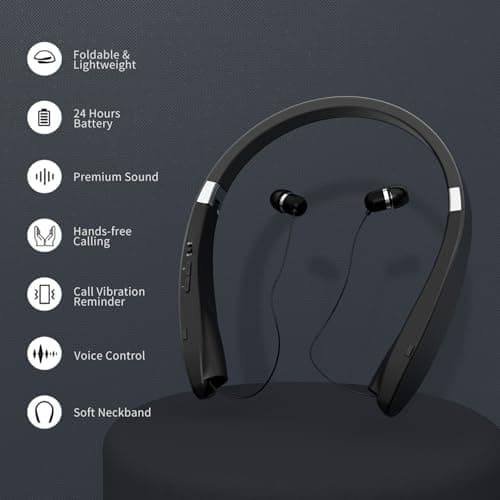 Bluetooth Neckband Headphones, Dpvisn Foldable Wireless Lightweight Neck Headset with Retractable Earbuds, Noise Cancelling Sweatproof Stereo Earphones with Mic & Carrying Case (Black) 6