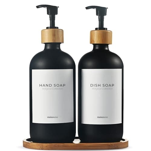 MaisoNovo Glass Dish Soap Dispenser for Kitchen Set of 2-16.9oz Dish and Hand Soap Dispenser Set for Kitchen - Black Glass Bottles x 2 with Black Bamboo Pumps & Tray