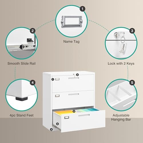 SISESOL 3 Drawer Lateral File Cabinet with Lock,White Lateral Filing Cabinet,Horizontal Metal Filing Cabinet,Locked Wide Three Drawer File Cabinet for Office Home,Fit A4/F4/Letter/Legal File 5