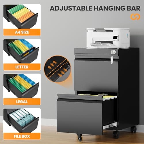 AFAIF 2 Drawer File Cabinet with Lock, Rolling File Cabinets for Home Office, Small Metal Filing Cabinet Office Drawers Under Desk for Letters/Legal/A4 Size, Assembly Required 5