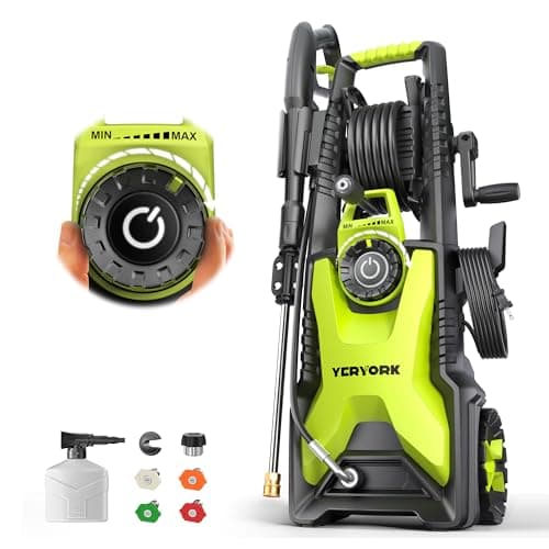 YERYORK Pressure Washer, Adjustable PSI 2.5 Max GPM, Power Washer with 33 FT Hose Reel, Steel Wand, 500ml Foam Cannon, 4-Nozzle Set, Electric Pressure Washer for Cars, Fences, Patios