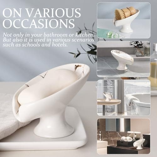 Soap Dish, Soap Holder Self Draining Leaf Shape Soap Dishes, Ceramic Drain Soap Dish for Sink Bathroom Shower Kitchen, Easy to Clean Keeps Soap Dry, Cream White & Gold Marble Pattern, ANTIS'S HOME 6