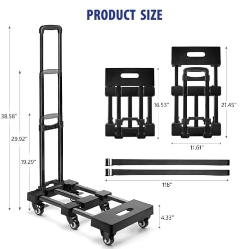 KEDSUM 550 LBS Folding Hand Truck with 6 Wheels(2 with Brake), Collapsible Dolly Cart with Wheels, Thickened Upgraded Steel Trolley Cart for Easy Moving, No-Assembly, with 2 Lashing Straps 6