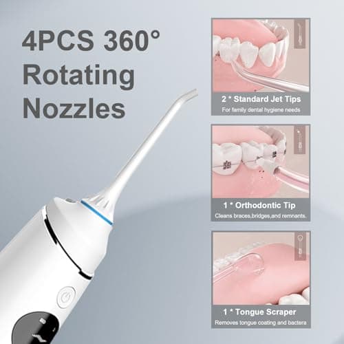 Nicefeel LCD Display Water Flosser Cleaner Picks with 4 Modes,280ML Water Dental Flosser Portable Cordless for Teeth,IPX7 Waterproof Electric Flosser Oral Irrigator for Home Travel Office (White) 7