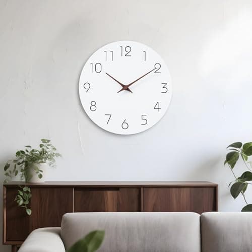 Mosewa Wall Clock 12 Inch Silent Non Ticking Battery Operated Wooden White Modern Office Simple Minimalist Clock Decorative for Kitchen Home Bathroom Living Room 9