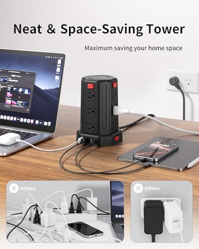 Power Strip Surge Protector, 10 Ft Extension Cord with 12 AC Multiple Outlets 4 USB (1 USB C), SMALLRT Power Tower Desktop Charging Station 5