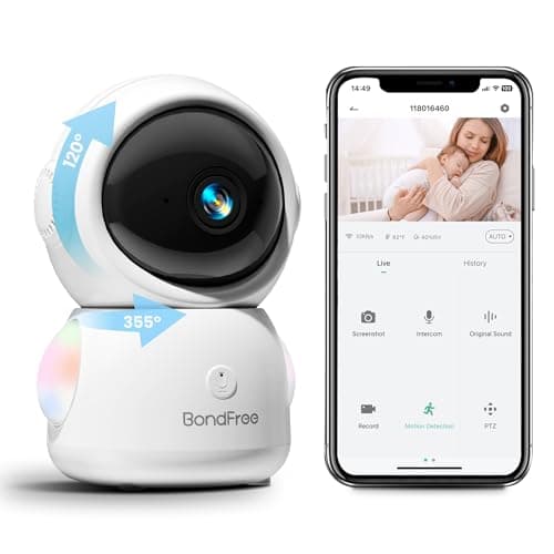 BondFree Baby Monitor with Camera and Audio 2K, RGB Night Light, Baby Monitor WiFi Smartphone 2.4Ghz 5Ghz for Nursery, Scan Code Bluetooth Connection, 355° Rotation, Compatible with Alexa Google Home