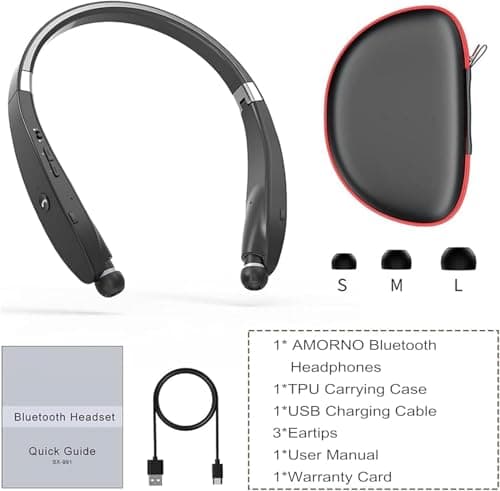 AMORNO Foldable Bluetooth Headphones Wireless Neckband Headset with Retractable Earbuds, Sports Sweatproof Noise Cancelling Stereo Earphones with Mic 7