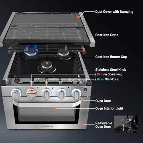AMZCHEF RV Gas Range Stove 12V. Range Oven for RV Use with 3 Burners,Gas Oven, 28,100BTU, Open Flame Configuration, Knob work indicator, Heavy Duty Cast Iron Grates (Large 21 inch) 6