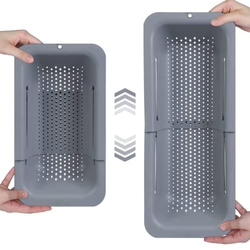 BLUE GINKGO Over the Sink Colander Strainer Basket - Wash Vegetables and Fruits, Drain Cooked Pasta and Dry Dishes - Extendable - New Home Kitchen Essentials (Grey, 1 Pack)