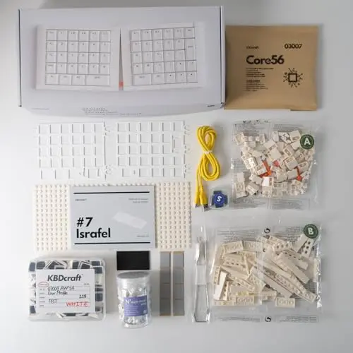 KBDcraft 07Israfel 50% Ergo-Split Low-Profile Mechanical Keyboard, 56-Key Ortho, Lego-Compatible Case, Wired, Linear Switch, Gasket Mount, Hot-Swappable, RGB, QMK, Vial for Win/Mac, Full Kit, White 9