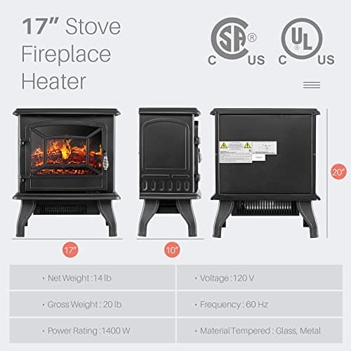 Della 17 Inch 1400W Compact Freestanding Portable Electric Fireplace Stove Heater with Realistic 3D Flame Effect, Infrared Quartz Indoor Heat, Faux Logs - Black 7