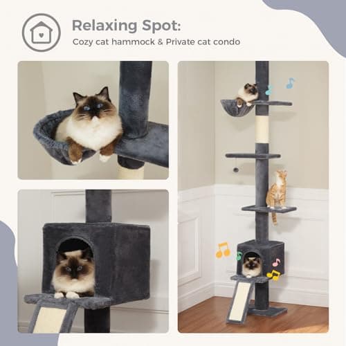 PEQULTI Cat Tree Floor to Ceiling, Tall Cat Tower, Adjustable Height (83''-108'') 5 Tiers Climbing Tree for Indoor Cats with Cat Condo, Scratching Post and Ladder, Dark Grey 5