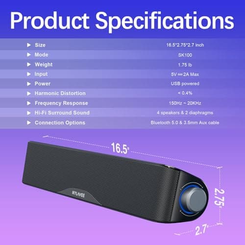 Nylavee Computer Speakers, Hi-Fi Stereo Computer Sound Bar with Bluetooth & 3.5mm Aux, USB/USB-C Powered for Desktop PC, Laptop & Monitor, Built-in Mic and Headphone Jack 7