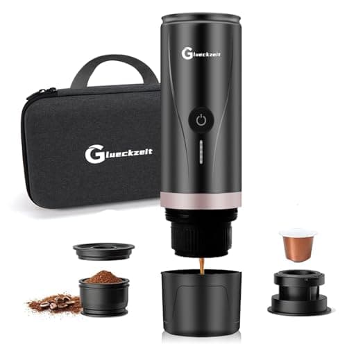Glueckzeit Self-Heating Portable Electric Espresso Machine,Type-C Travel Coffee Machine for Car & Camping, Compatible With Ground Coffee & coffee capsules for Ideal for RV, Hiking, Office - Black