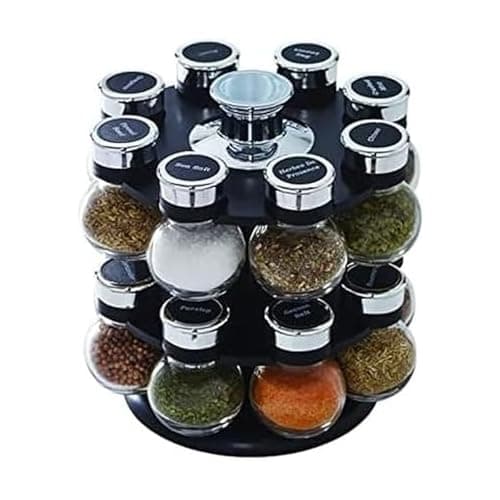 Kamenstein 16 Jar Ellington Revolving Countertop Spice Rack with Lift & Pour Caps and Spices Included, FREE Spice Refills for 5 Years: Black and Chrome
