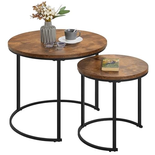 Yaheetech Nesting Coffee Table, Round Coffee Table for Living Room, Nesting Table with Wooden Tabletop and Sturdy Metal Frame, Stacking Living Room Tables Nesting End Table Set of 2, Rustic Brown