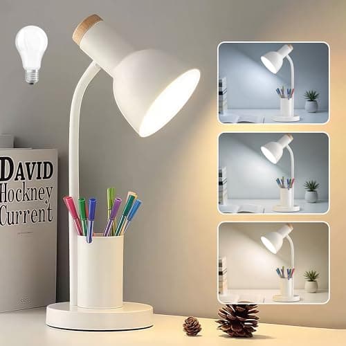 LED Desk Lamp for Home Office, Table Lamp with Pen Holder, 3 Color Modes Reading Light, Eye-Caring Desk Light with Gooseneck, Study Lamp for Kids Bedside Room College Dorm Essentials(White lamp)