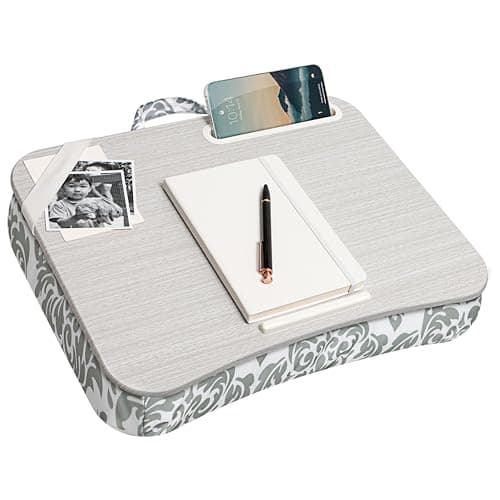LAPGEAR Designer Lap Desk with Phone Holder and Device Ledge - Gray Damask - Fits up to 15.6 Inch Laptops - Style No. 45424