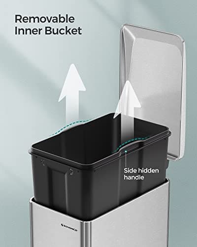 SONGMICS Slim Trash Can, 13-Gallon (50 L) Garbage Can for Narrow Spaces with Soft-Close Lid, Inner Bucket, and Step-on Pedal, Stainless Steel, 15 Trash Bags Included, Silver ULTB510E48 5
