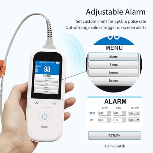 Medical Grade Pulse Oximeter for Adults - Continuous Monitoring, Adjustable SpO2 & Pulse Alarms, Rechargeable Handheld Oximeter Profesional Oximetro, Data Traceability, Instant Alarm 5