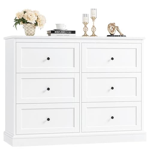 FOTOSOK White Dresser, 6 Drawer Dresser White, Modern Double Chest with Deep Drawers, Wide Storage Organizer Cabinet for Living Room Home
