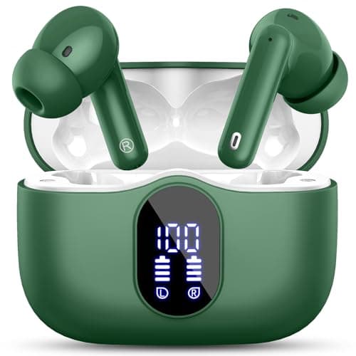 Wireless Earbuds, Bluetooth 5.4 Headphones Bass Stereo, Ear Buds with Noise Cancelling Mic, LED Display in Ear Earphones Clear Calls, IP7 Waterproof Bluetooth Earbuds for Laptop/Phones/Sports, Green