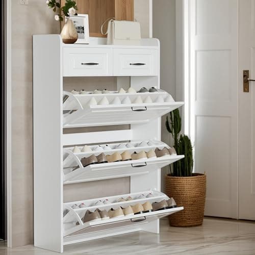 MOOLSUN Multi Functional Narrow flip Shoe Cabinet with 3 Doors 2 Drawers, Save Space, Suitable for Entryway and corridors (A - White)