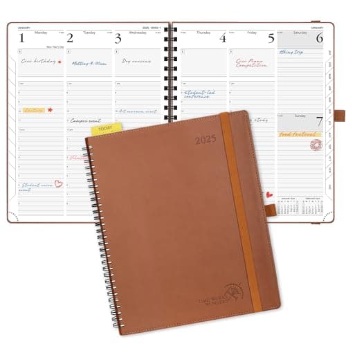 POPRUN 2025 Planner 8.5" x 10.5" with Hourly Schedule & Vertical Weekly Layout - 2025 Weekly Planner for Time Management, Monthly Tabs, Pen Holder, Spiral Bound,Leather Soft Cover - Brown
